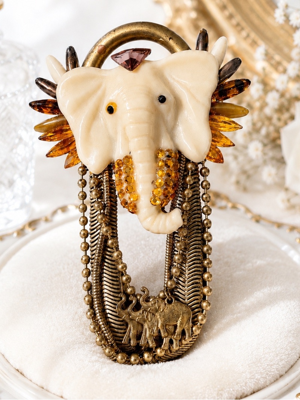 RARE Handmade Katrina Elephant Brooch Statement Pin Boho Tribal Dangle